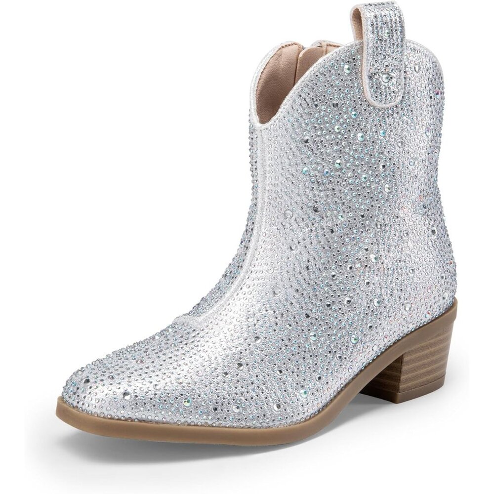 ⚡Girls Silver Cowgirl Rhinestone Zipper Boots Ankle Low Heel Dress Booties